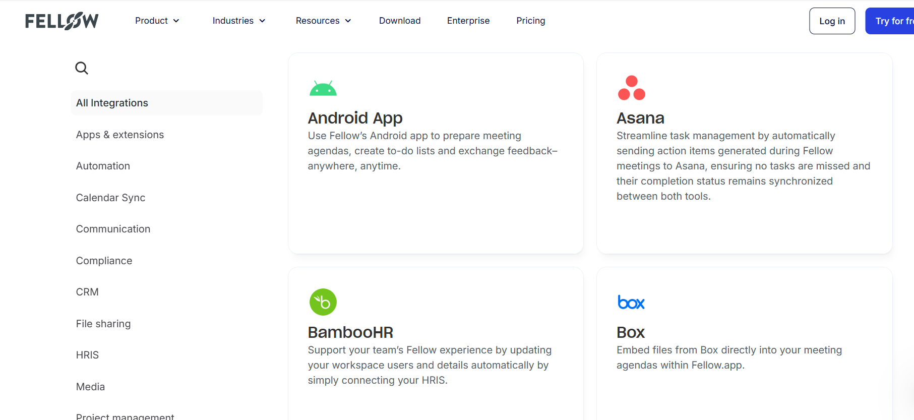 Output artifact for "Developer API Access" test: The integrations directory shows a broad set of app connections, including calendar, communication, CRM, HR, and file-sharing tools., fellow-integrations.png