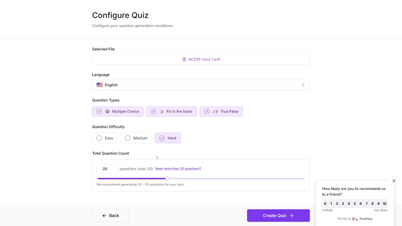 Output artifact for "Quiz Configuration" test: The configuration screen shows the selected file, question types, Hard difficulty, and the 20-question free-plan cap., Generate-Quizzes-and-Practice-Tests-from-Study-Material-Using-AI__Quizrise__03__configure-quiz-hard-20cap.png