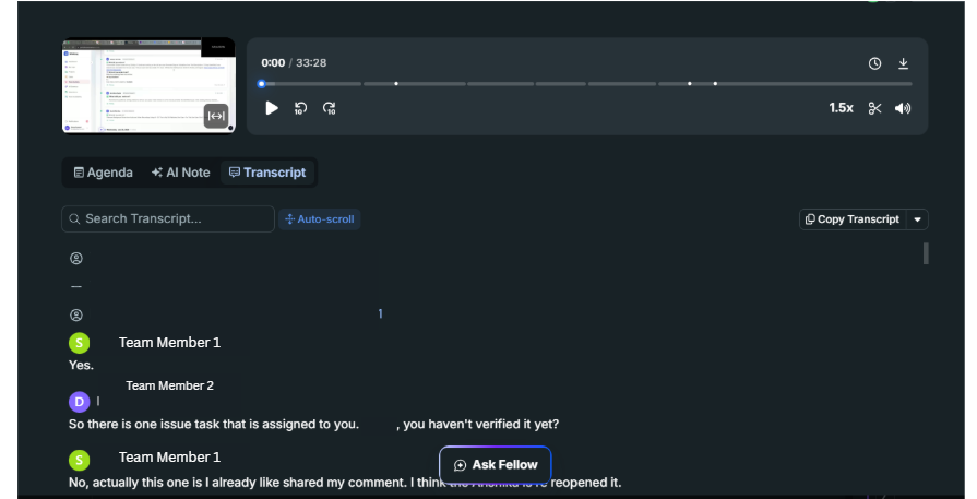 Output artifact for "Meeting Transcription" test: The transcript shows separate speaker lines attributed to different team members, matching the review's finding that diarization worked cleanly in the tested standup., fellow-meeting-speaker-diarization-success.png