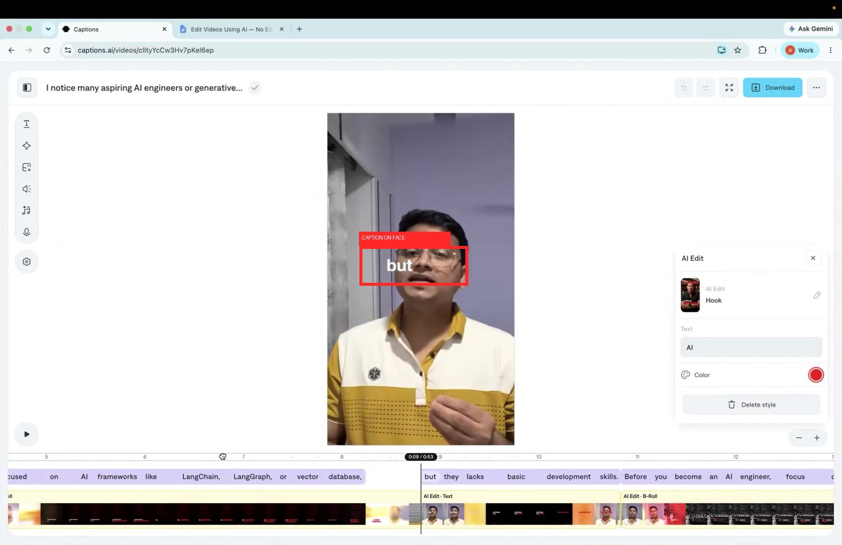 Output artifact for "Automatic Caption Generation and Styling" test: The caption word 'but' is placed directly across the speaker's mouth and chin instead of staying in a face-safe lower-third area., Input1-Failure1-CaptionOnFace.jpg