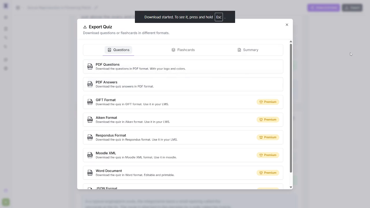 Output artifact for "Quiz Export and Packaging" test: A toast confirms that the download started., Generate-Quizzes-and-Practice-Tests-from-Study-Material-Using-AI__Quizrise__18__export-download-started-toast.png