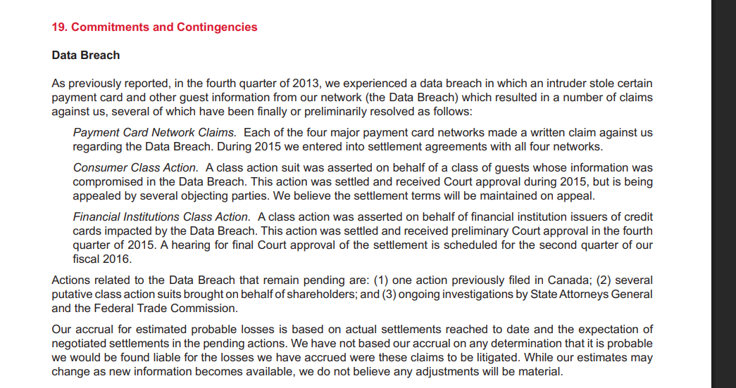 Input artifact for "Reading Order Reconstruction" test: Target annual report commitments-and-contingencies section on the data-breach disclosure., hybrid_earningspdf_commitments_section.png