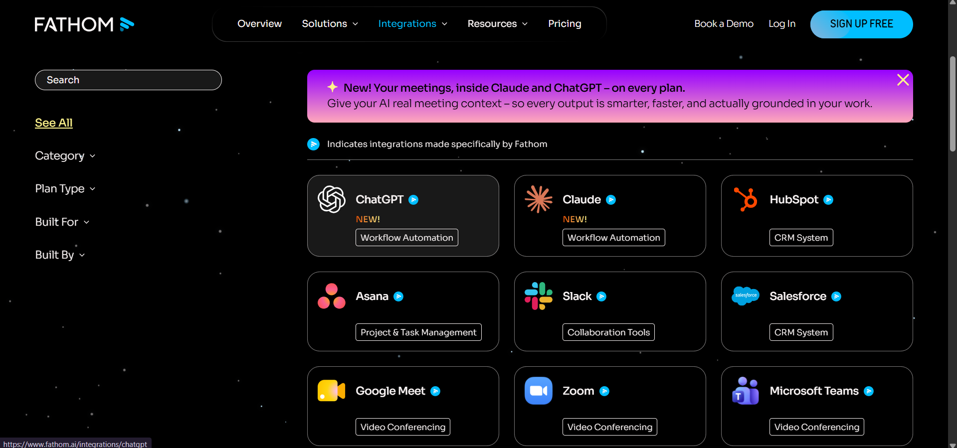 Output artifact for "Native App Integrations" test: The integrations gallery lists apps such as Claude, ChatGPT, HubSpot, Asana, Slack, Salesforce, Google Meet, Zoom, and Microsoft Teams., fathom-integrations-available.png