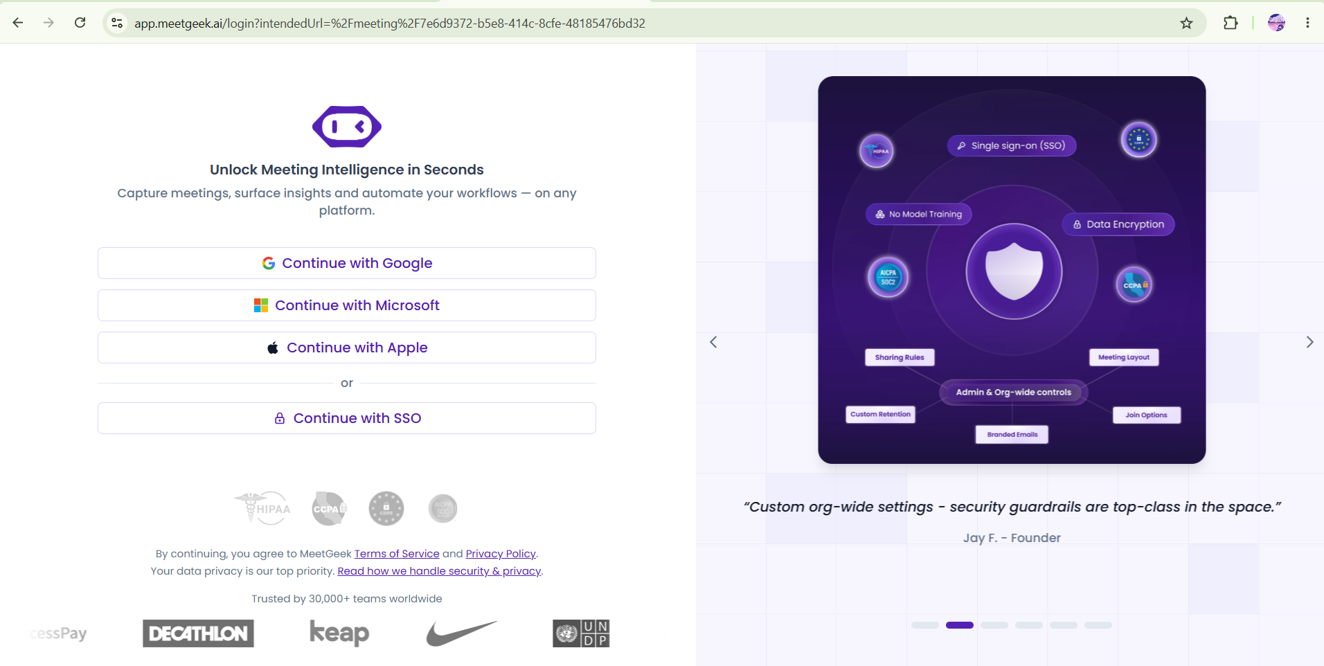 Output artifact for "Share Meeting Notes with Access Control" test: Shared meeting link landing on a login gate, confirming account sign-in is required., meetgeek-shared-meeting-link-requires-login.png