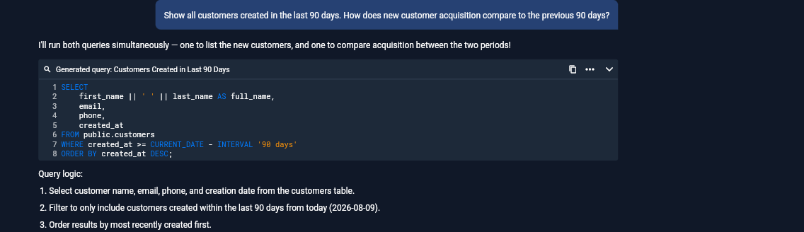 Output artifact for "SQL Transparency and Plain-English Query Explanation" test: Technical Mode exposes the exact SQL for the 90-day customer-list query and shows a numbered plain-English query-logic summary above it., input1-technical-mode-sql-list-query.png