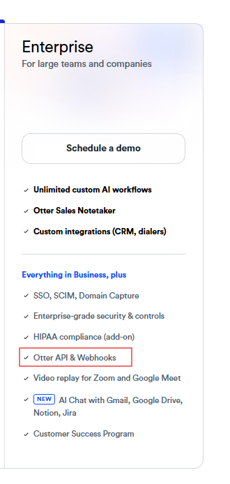 Output artifact for "Programmatic Access and Integrations" test: The Enterprise plan card includes 'Otter API & Webhooks' among the plan features., otter-ai-api-enterprise-plan-2.png