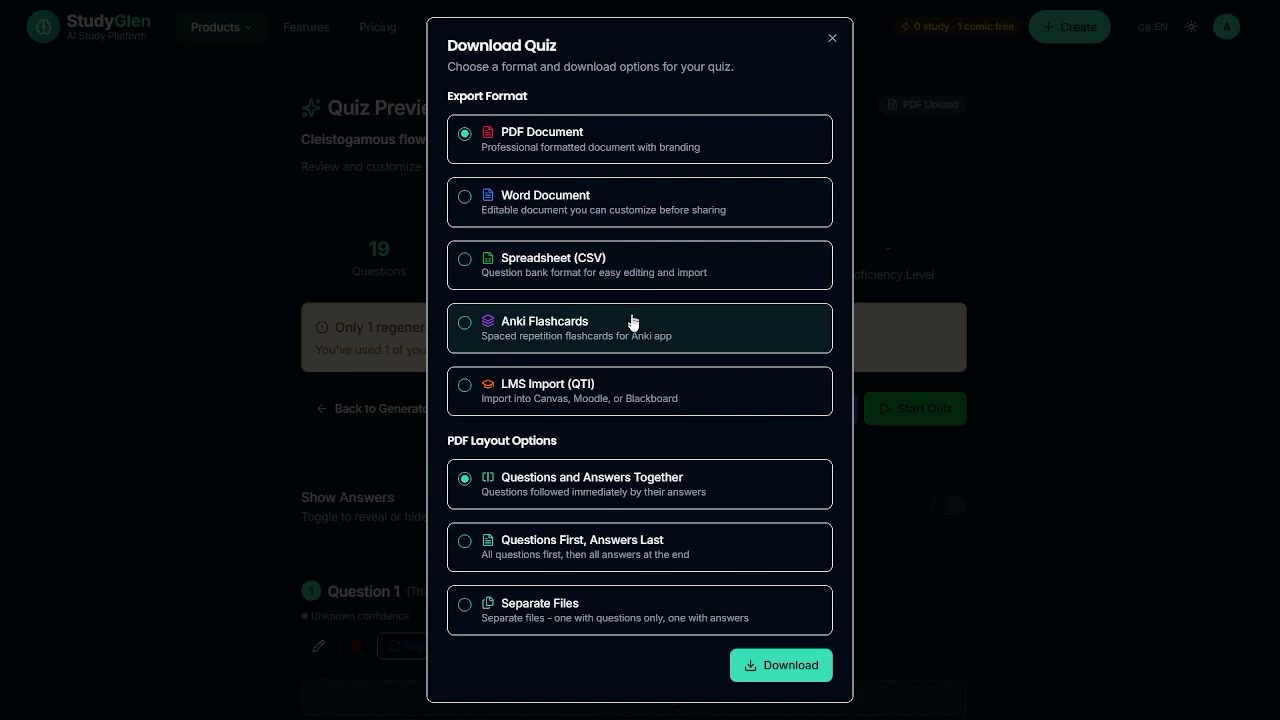Output artifact for "Export and Sharing Formats" test: The Download Quiz modal lists PDF, Word, CSV, Anki Flashcards, and LMS Import (QTI), plus PDF layout options., export_download_modal.png