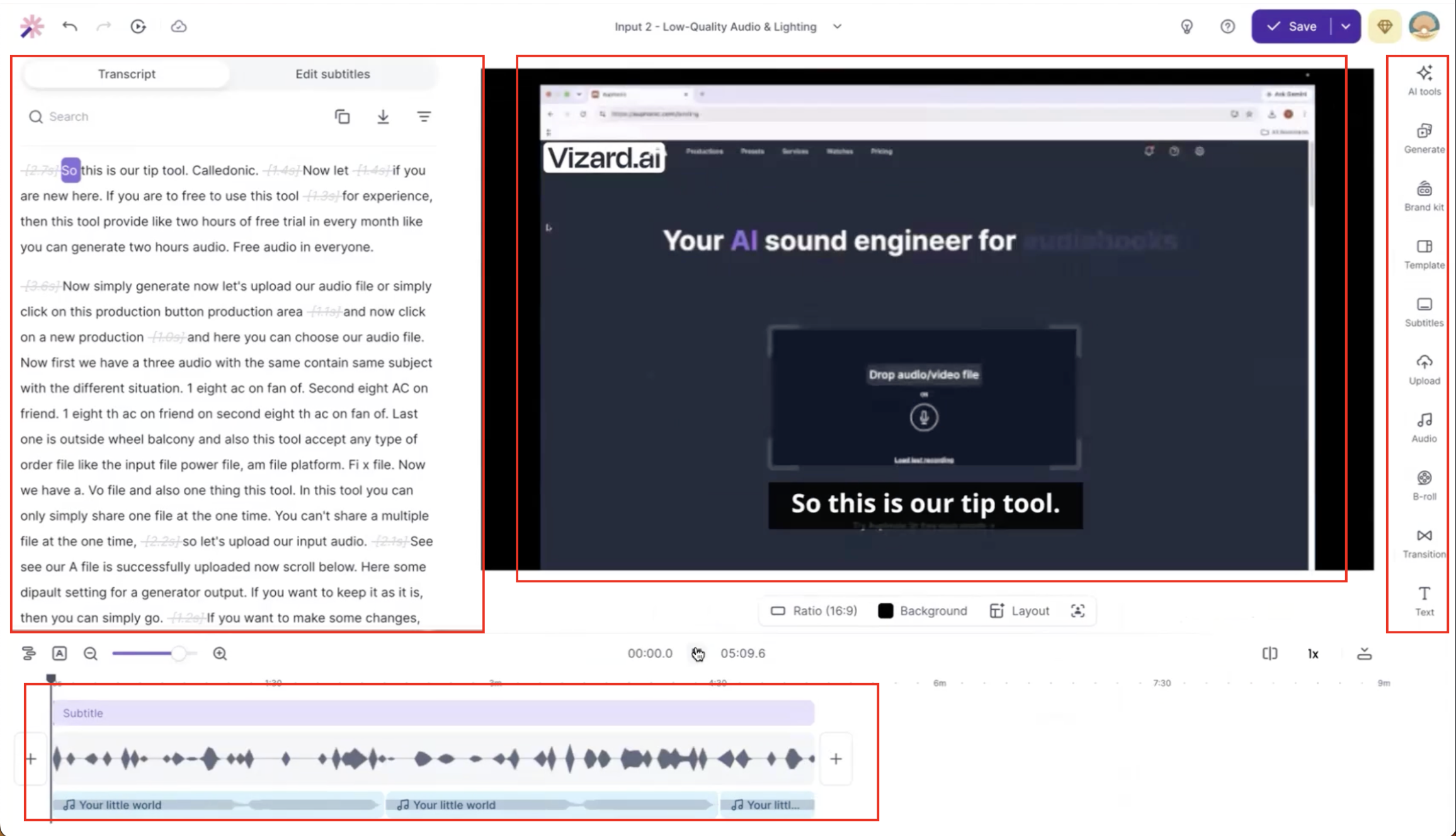 Output artifact for "Transcript/Timeline Clip Refinement and Layout Editing" test: The low-quality audio project shows the same review surface around the AI highlight region, indicating that clip boundaries also needed manual attention on the second input., Vizard_Input2_Failure1_AI_Highlight_Boundaries.png