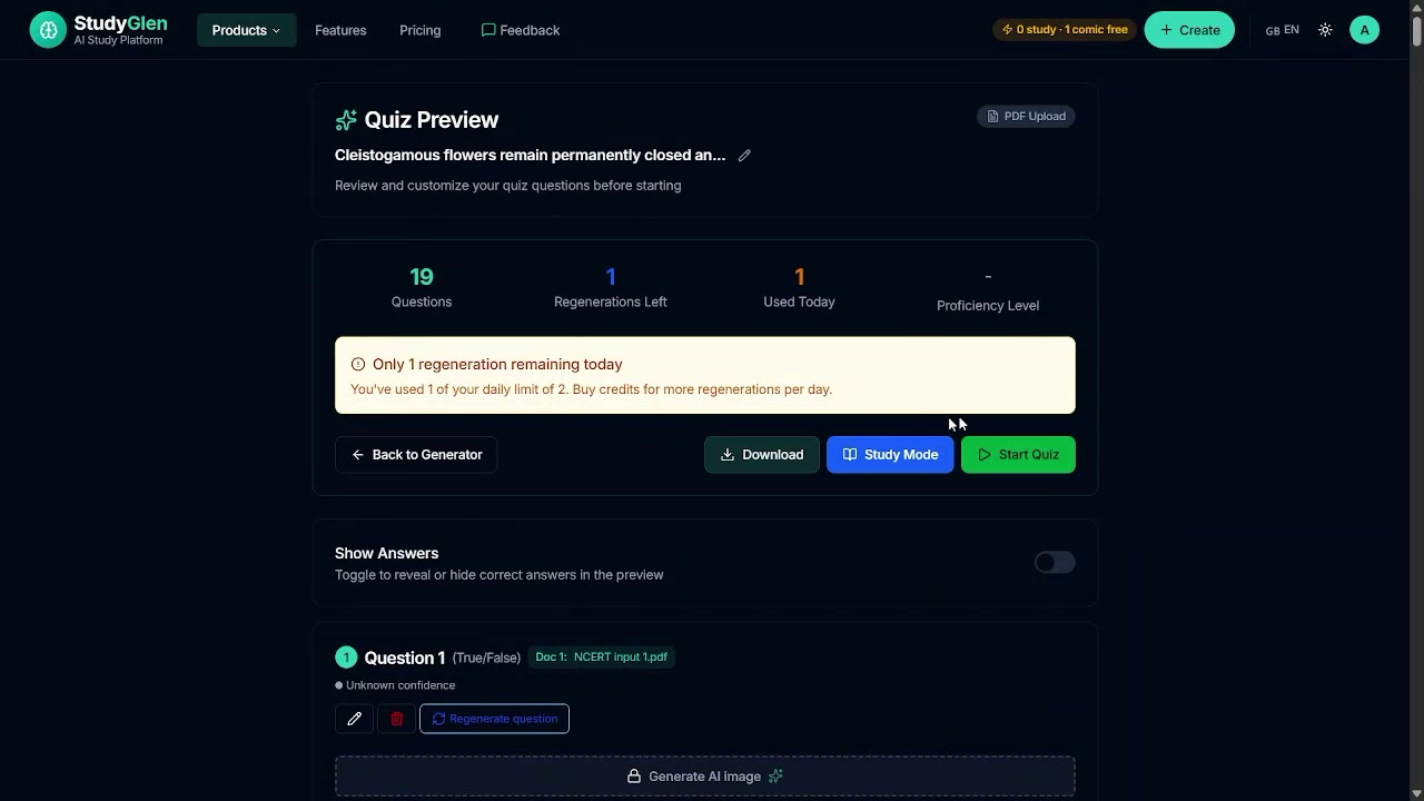 Output artifact for "Quiz Regeneration Controls" test: The preview showed only one regeneration remaining and warned about the daily cap., out1_regeneration_limit.png