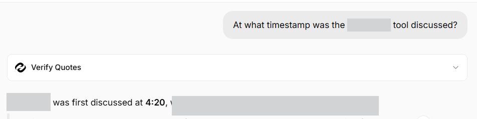 Output artifact for "Chat with Meeting Notes" test: The chat-style prompt returns a timestamped answer, showing that HappyScribe can retrieve the moment a topic was first discussed from the transcript., happyscribe-transcript-timestamp-in-chat-evidence.png