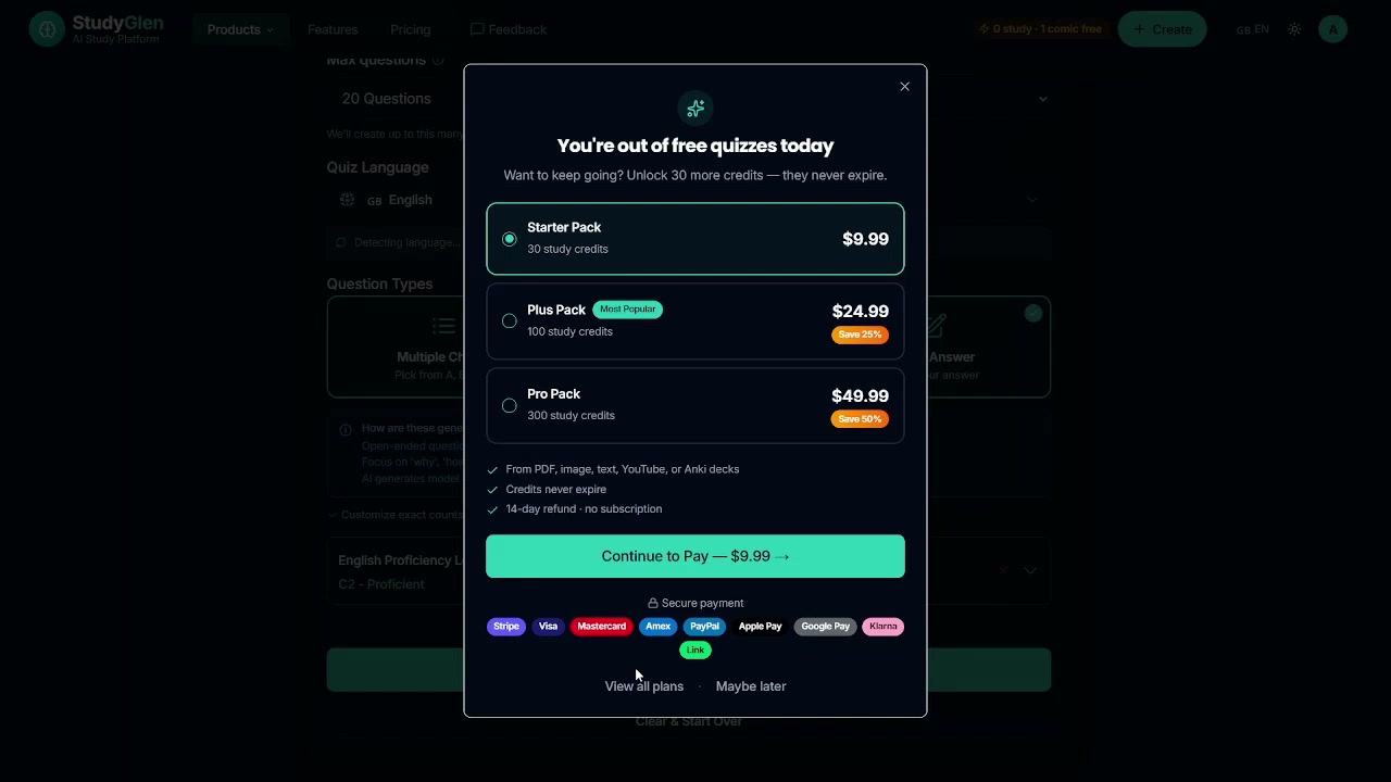 Output artifact for "Quiz Regeneration Controls" test: A real paywall modal appeared with Starter, Plus, and Pro credit packs and a checkout button., paywall_outoffreequizzes.png