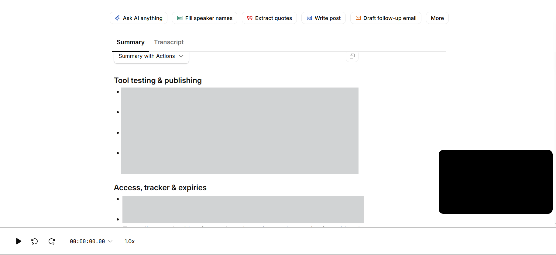 Output artifact for "Meeting Summary Generation" test: The summary is organized into topic sections such as 'Tool testing & publishing' and 'Access, tracker & expiries,' showing clear structure and skimmability., happyscribe-meeting-summary-success.png