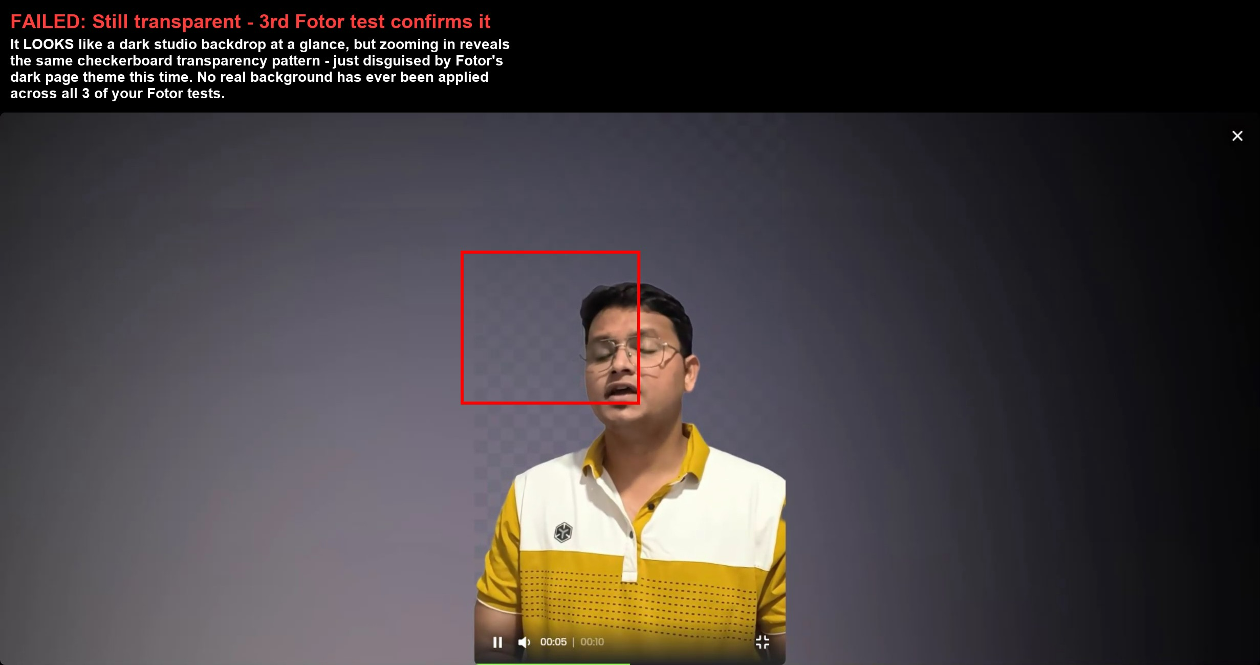 Output artifact for "Subject Segmentation and Matting" test: The talking-head subject stays cleanly cut out with stable outline, glasses, and hair, but the result remains a transparent checkerboard placeholder rather than a replaced scene., image-2.png