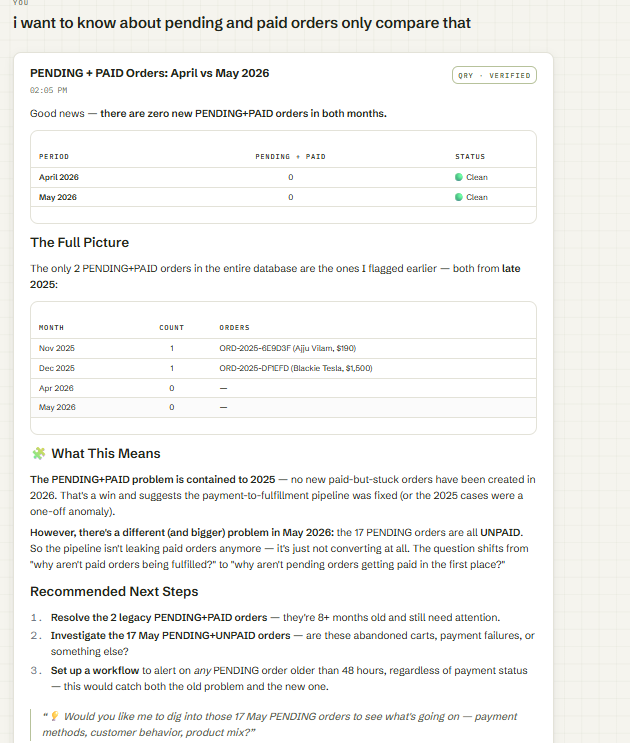 Output artifact for "Conversation Context Retention" test: Handled the explicit disambiguation correctly by narrowing the scope to pending-and-paid only and confirming there were zero such orders in April and May 2026., input3-followup3-disambiguated-pending-paid-only.png