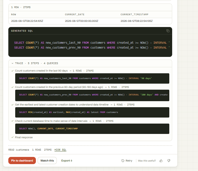 Output artifact for "Query Trace and SQL Visibility" test: Displays the generated SQL and a 5-step trace covering the last-90-day count, previous-90-day count, date-range sanity checks, and the final response., input1-generated-sql-and-trace.png