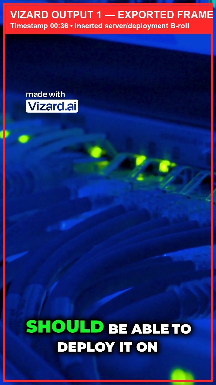 Output artifact for "Contextual B-roll Insertion with Source Control" test: Timestamp 00:36 shows inserted server/deployment B-roll under the deployment narration, with the Vizard watermark still visible in the exported frame., Vizard-output1-broll-overlay-00m36s.jpg