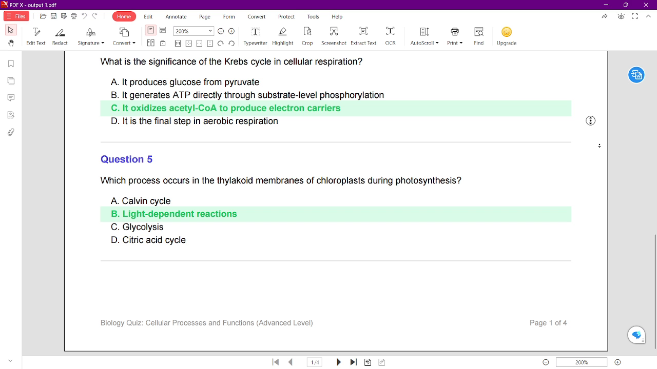 Output artifact for "Quiz Generation" test: The zoomed continuation shows Question 4 and Question 5 with the same green-highlighted answer styling and consistent quiz formatting., c2b_262.png