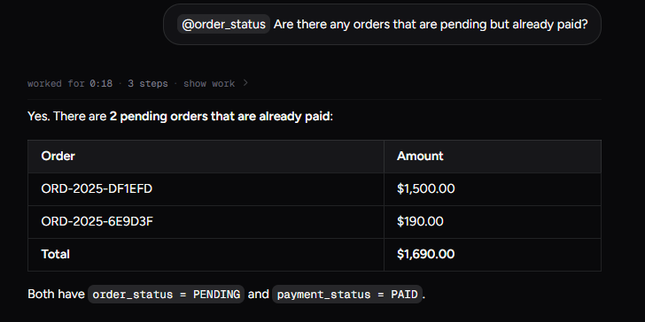 Output artifact for "Conversational Follow-up Handling" test: Found two pending-but-paid orders and totaled them at $1,690., input3-followup2-pending-but-paid-table.png