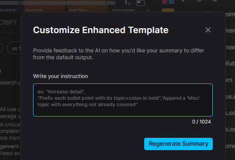 Output artifact for "Editable Meeting Outputs" test: The summary can be customized by giving the AI instructions and regenerating the template., fathom-summary-customizable-feature.png