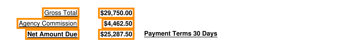 Output artifact for "Field-Level Accuracy vs. Source Document" test: Gross total, agency commission, and net amount due all match the invoice's printed totals exactly., invoice_ss3_summary.png