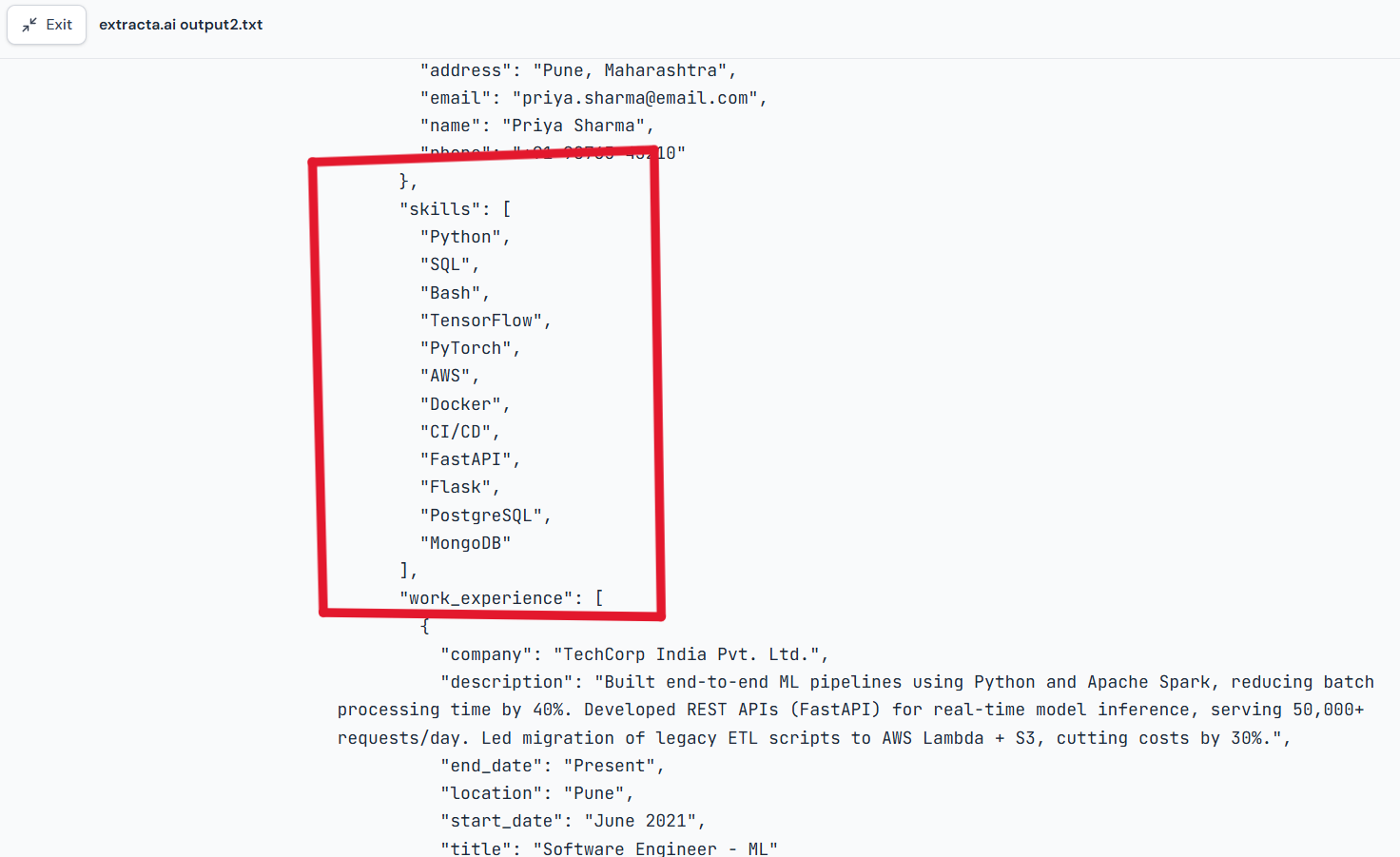 Output artifact for "Skills, Languages, and Certifications Extraction" test: Skills were returned as individual array items from the multi-column resume., Input 2 Skills were returned as individual array .png .png