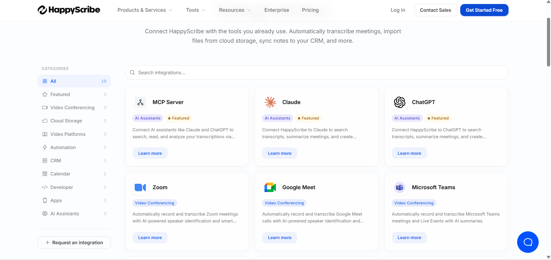 Output artifact for "External Integrations and Programmatic Access" test: The integrations page shows multiple categories and cards for tools like MCP Server, Claude, ChatGPT, Zoom, Google Meet, and Microsoft Teams., happyscribe-integrations.png