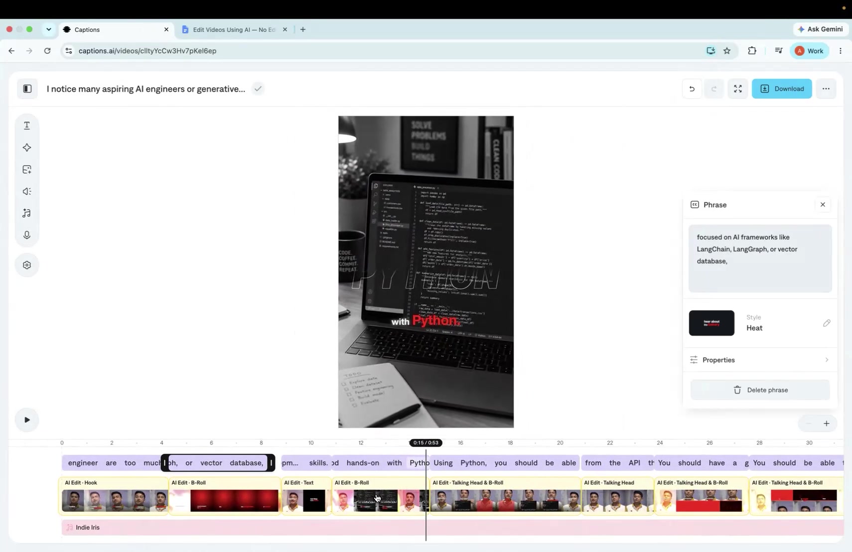 Output artifact for "Contextual B-Roll Insertion and Swapping" test: A code-and-laptop b-roll clip is used for a line about AI frameworks like LangChain and LangGraph, which is only loosely related., Failure - B-Roll Mismatch (Python code shown for AI frameworks line).jpg