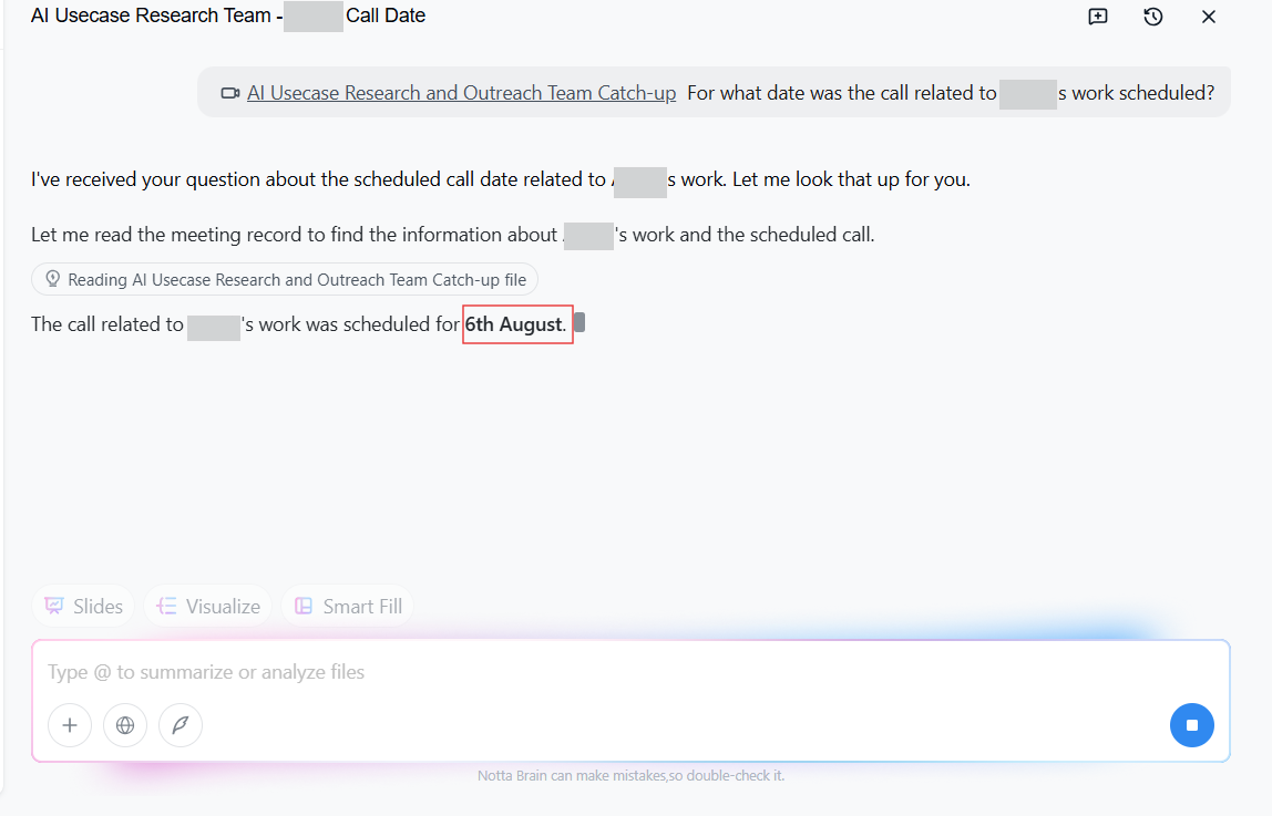 Output artifact for "Meeting Notes Search and Q&A" test: The Q&A panel answers the question using the meeting record and returns the specific date asked about., notta-ai-chat-qna-success.png