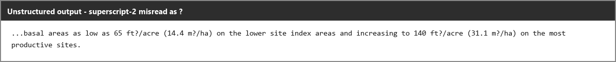 Output artifact for "PDF Text Extraction to Markdown" test: The scanned-paper sentence is otherwise accurate, but every superscript-2 unit marker in the sentence is misread as a question mark., unstructured_input3_scannedpaper_superscript2_parsed_partial_success.png
