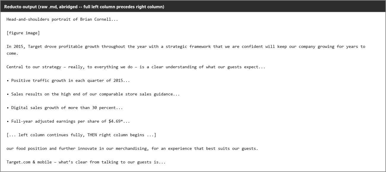 Output artifact for "PDF-to-Markdown Conversion" test: Reducto read the left column fully before the right column began, preserving order in a hard two-column layout without interleaving., reducto_input1_twocolumn_parsed_success.png
