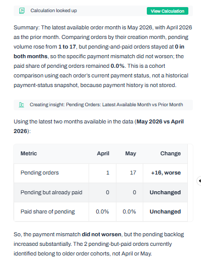 Output artifact for "Threaded Conversational Analysis" test: Handled the month-over-month follow-up by comparing April and May 2026 while preserving the pending-versus-paid breakdown., input3-followup3-chat-cohort-comparison.png