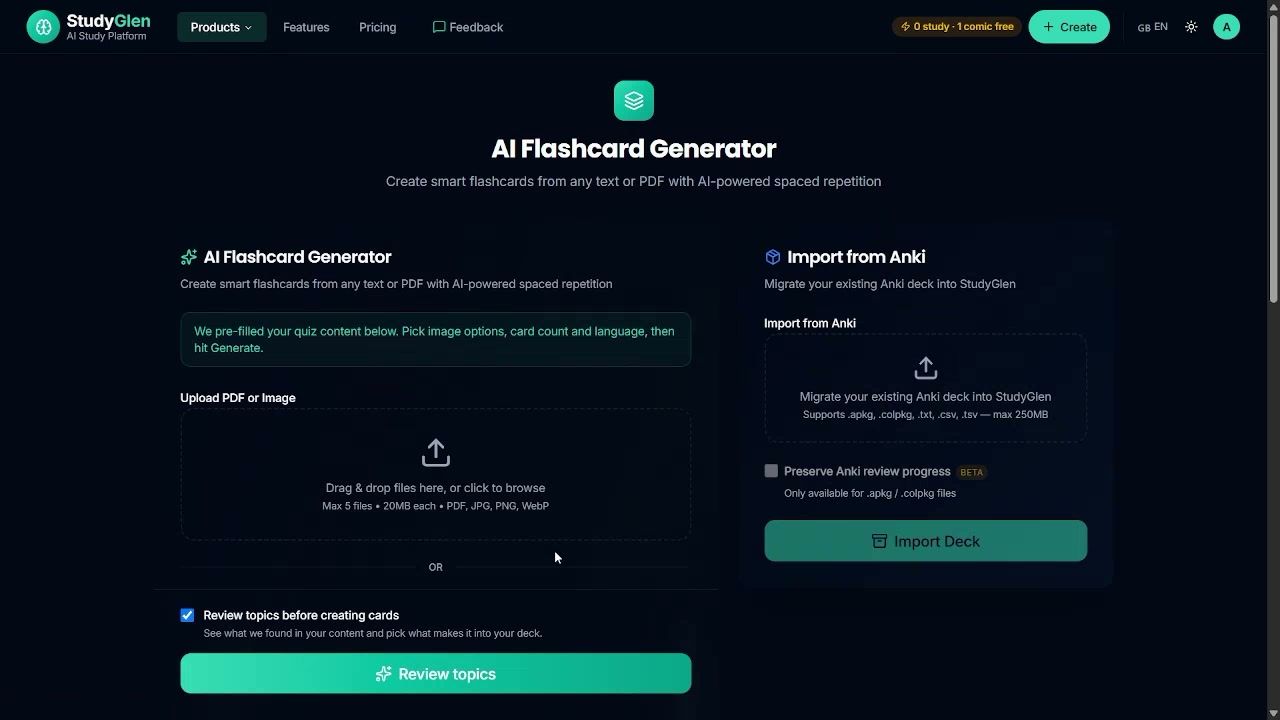 Output artifact for "Flashcard Generation with Anki Import" test: The generator landing page showed upload support and an Import from Anki panel., flashcard_generator_intro.png