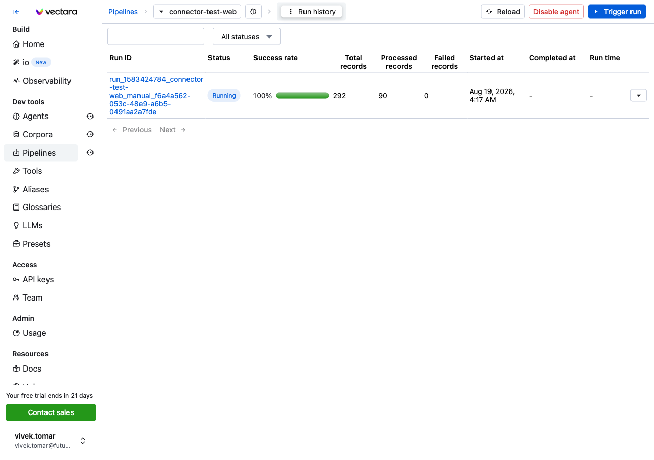 Output artifact for "Web Crawl Pipelines" test: The run showed live progress, a 100% success rate, total records, processed records, and zero failed records., connector_18_run_progress.png
