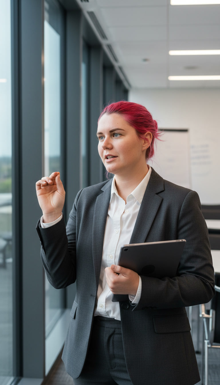 Output artifact for "Reference-Guided Image Generation" test: The blazer, glass wall, whiteboard, and tablet all matched the conference/leadership setting, with a believable speaking gesture., gemini-2.5-flash-image_Professional_Conference_Leadership_Setting_A_realistic_candid_photo_of_the_same_-0.jpg