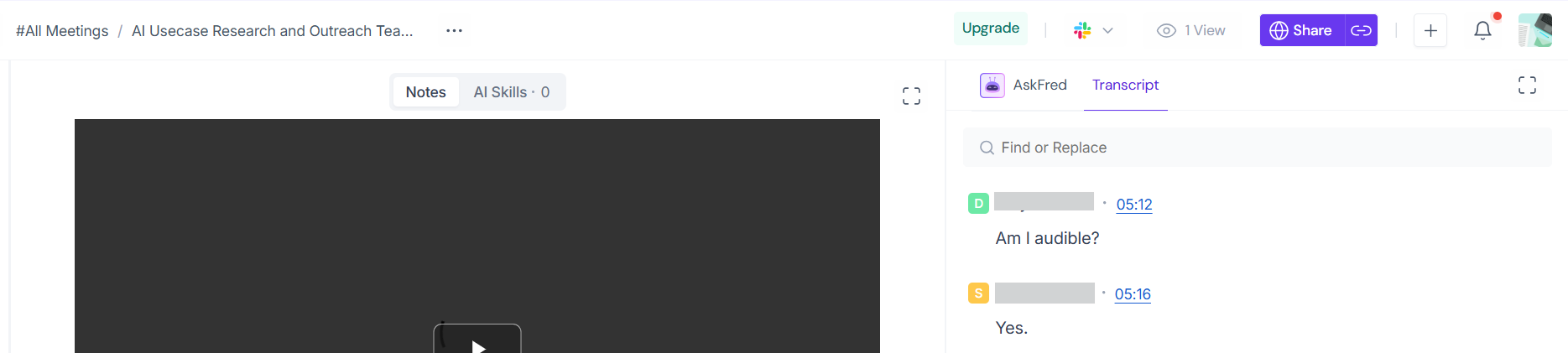 Output artifact for "Live Meeting Capture and Transcription" test: Fireflies shows the transcript tab with timestamped dialogue entries, confirming transcript generation succeeded., fireflies-ai-transcript-generated-success.png