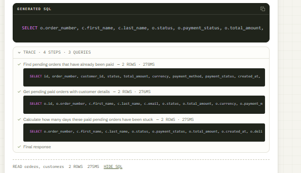 Output artifact for "Query Trace and SQL Visibility" test: Shows the multi-step SQL trace used to find the two pending-but-paid orders and calculate how long they had been stuck., Screenshot 2026-08-14 150515.png