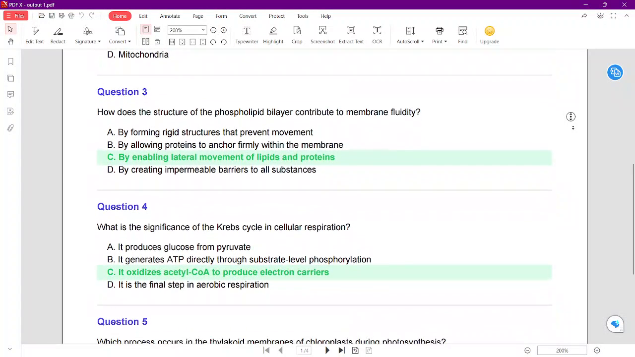 Output artifact for "Study Material Ingestion" test: Generated biology quiz page 1 with clear four-option MCQs and highlighted answers., c2a_positives_216.png