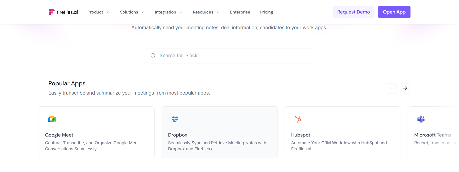 Output artifact for "Integrations Ecosystem" test: The integrations page shows popular apps such as Google Meet, Dropbox, HubSpot, and Microsoft Teams, with search and app tiles visible., fireflies-integrations.png