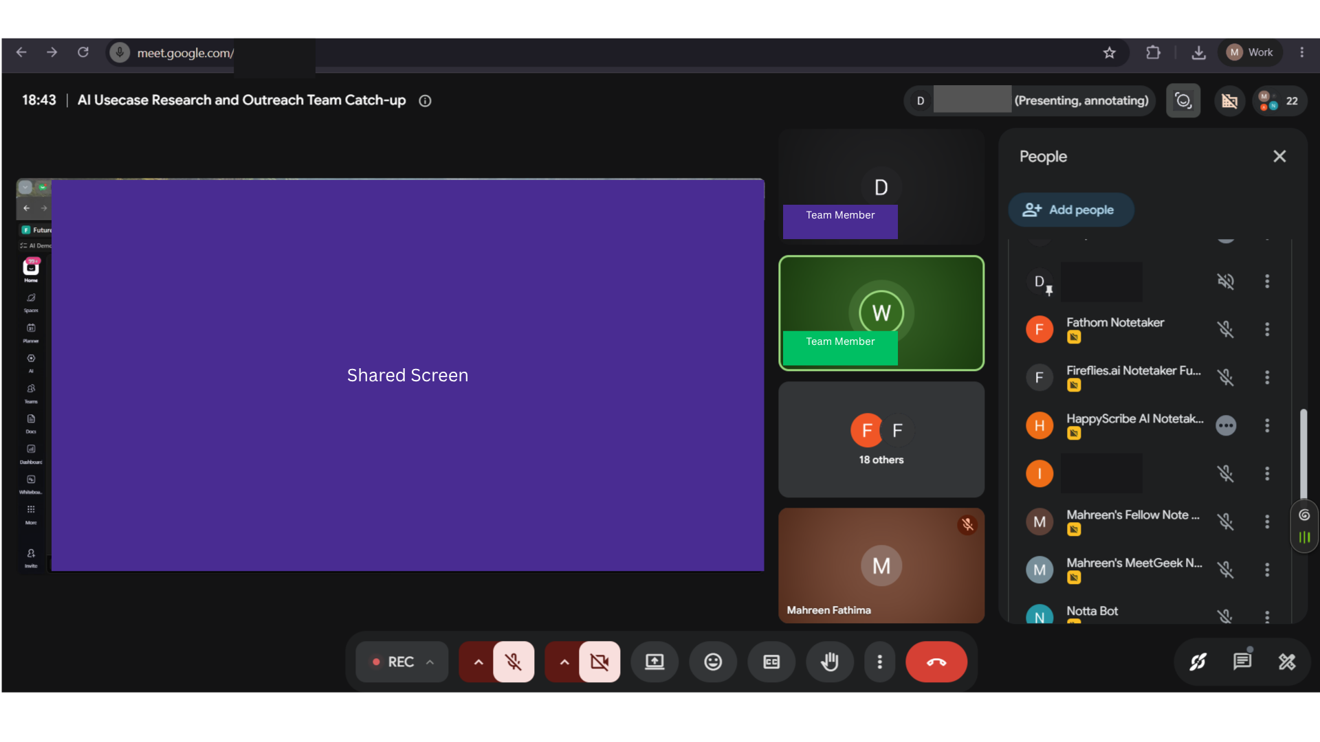 Input artifact for "Automated Meeting Capture" test: 31 July 2026 AI Demos daily standup on Google Meet, about 25 minutes long, with one Fathom bot joining alongside other notetakers., 31-july-meeting-screenshot.png
