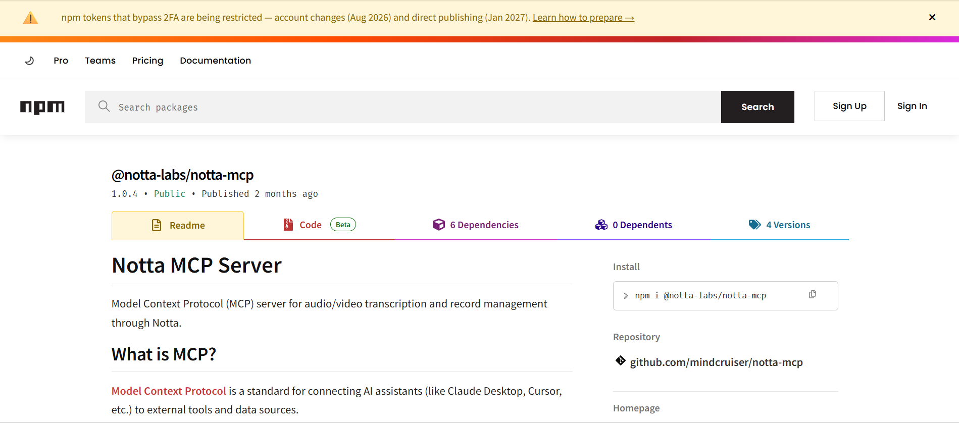 Output artifact for "Integrations and Automation Access" test: An npm package page shows a Notta MCP Server package, confirming that MCP support exists as a package-based route., notta-mcp-npm-package.png