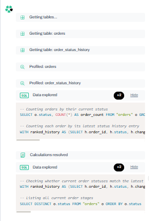 Output artifact for "Query Transparency and Validation" test: The workflow shows SQL exploration plus a validation pass that checks current order status against status history before the summary is published., input3-main-chat-sql-and-integrity-check.png
