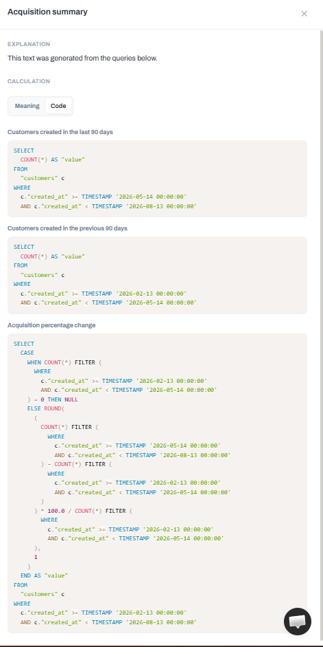 Output artifact for "Query Transparency and Validation" test: The same modal shows the raw SQL for the current and previous 90-day windows and the percentage-change calculation., input1-acquisition-summary-sql-query-tab.png