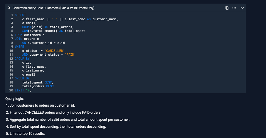 Output artifact for "SQL Transparency and Plain-English Query Explanation" test: The refined best-customers analysis shows the generated SQL and a numbered logic breakdown, making the paid-only ranking auditable from the screen., input2-main-technical-mode-sql-refined.png