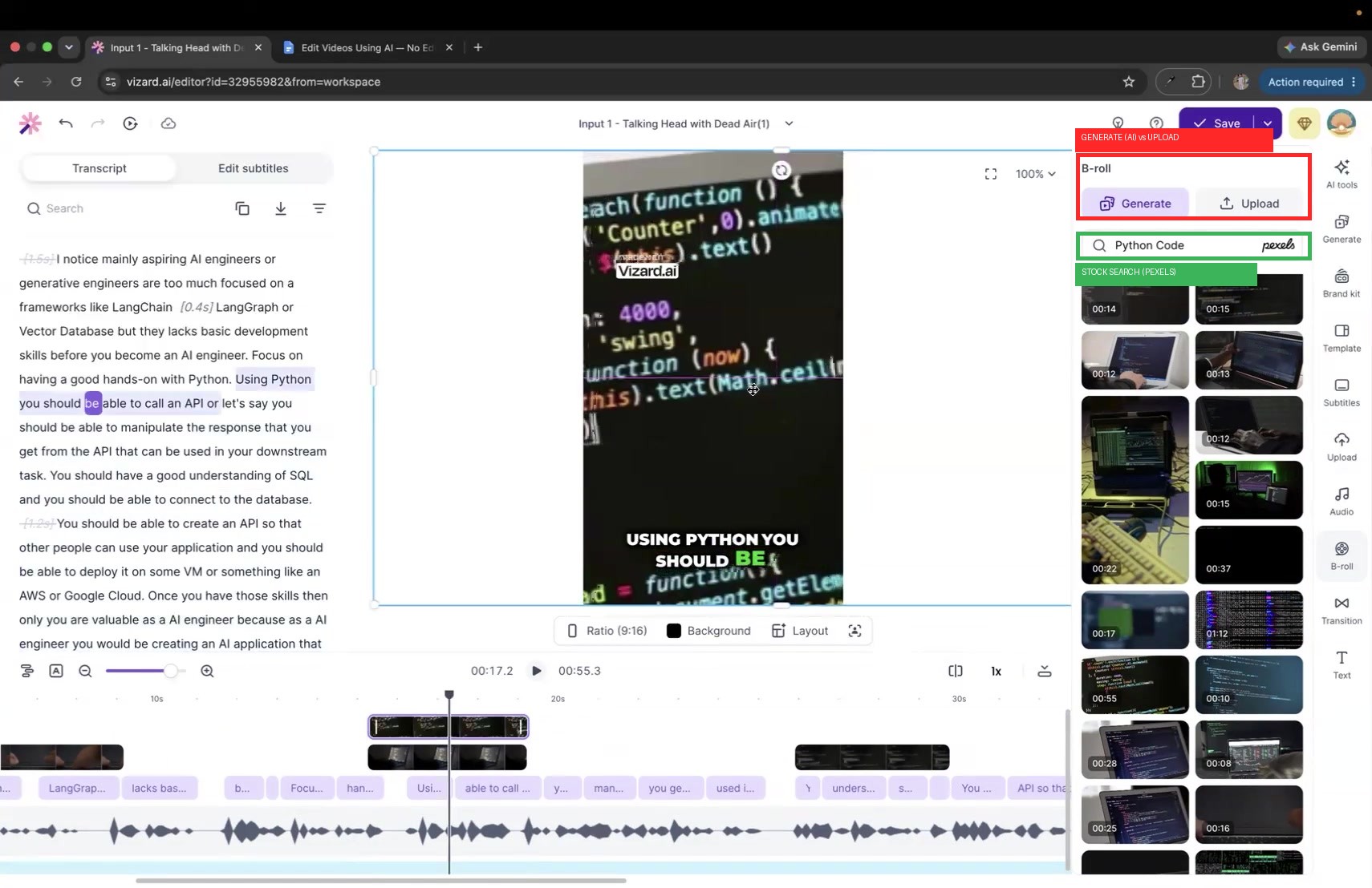 Output artifact for "Contextual B-roll Insertion with Source Control" test: The B-roll side panel exposes Generate, Upload, and a live Pexels search field, so source selection is explicit rather than automatic only., Vizard-broll-source-control-panel-evidence.jpg