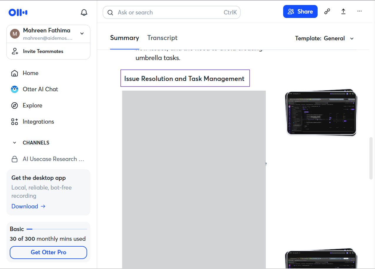 Output artifact for "Structured Meeting Summaries and Topic Segmentation" test: The Summary view includes section headers like Issue Resolution and Task Management., otter-ai-summary-sections-success.png