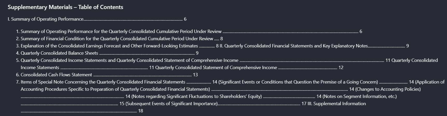 Output artifact for "PDF-to-Markdown Extraction" test: The parsed table of contents flattens nested entries into a simple list instead of preserving indentation-based hierarchy., adobe_financialpdf_toc_parsed.png