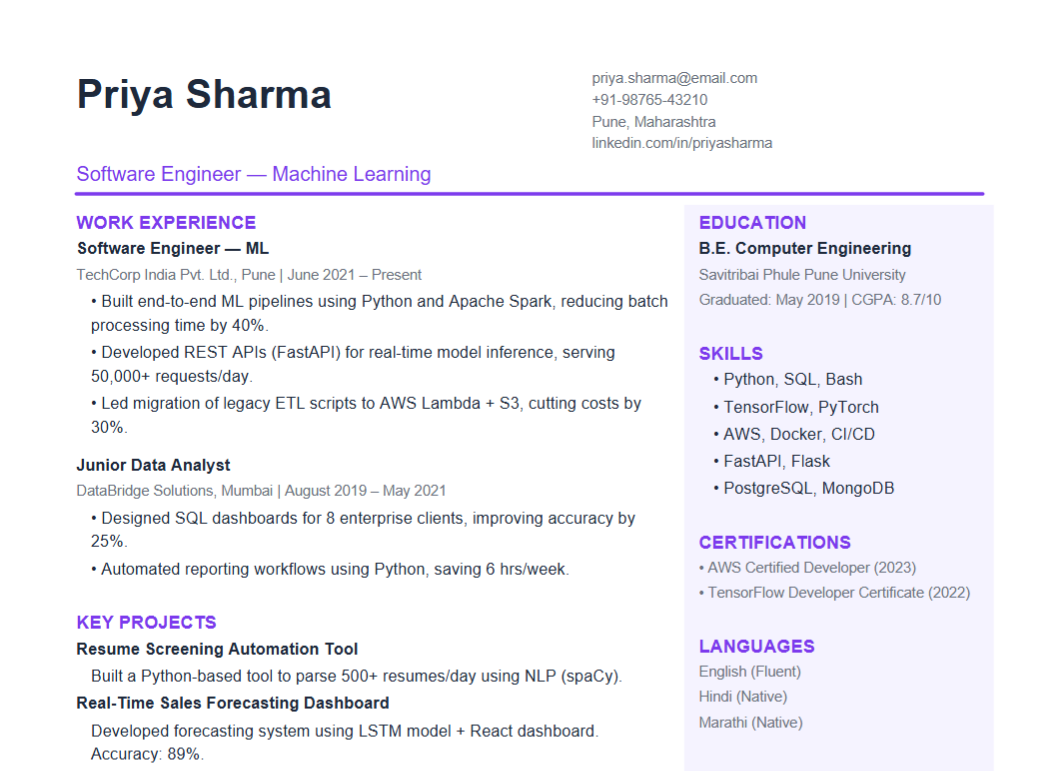 Input artifact for "Resume PDF parsing and profile assembly" test: INPUT, Input 2 multi column resume for priya sharma.png