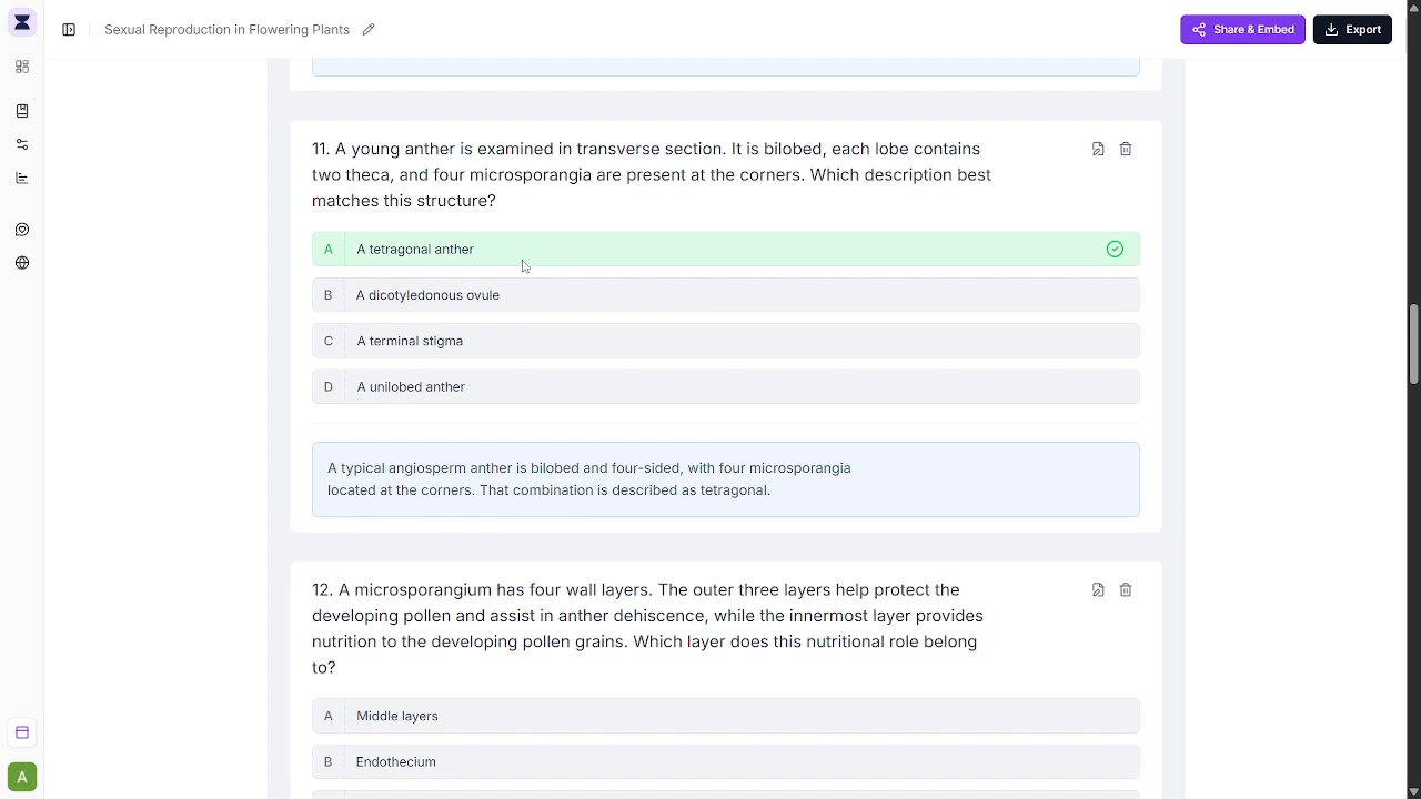 Output artifact for "Question Review and Manual Editing" test: The explanation is shown directly under the answer, but the screen does not cite the source passage., frame_A_mcq_explanation_no_citation.png