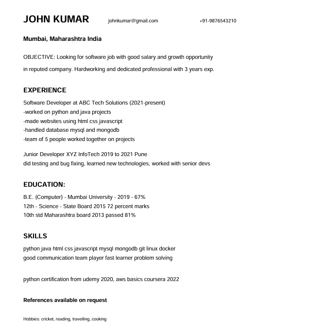 Input artifact for "Resume PDF parsing and profile assembly" test: INPUT, Input 3 Messy resume for JOHN KUMAR.png