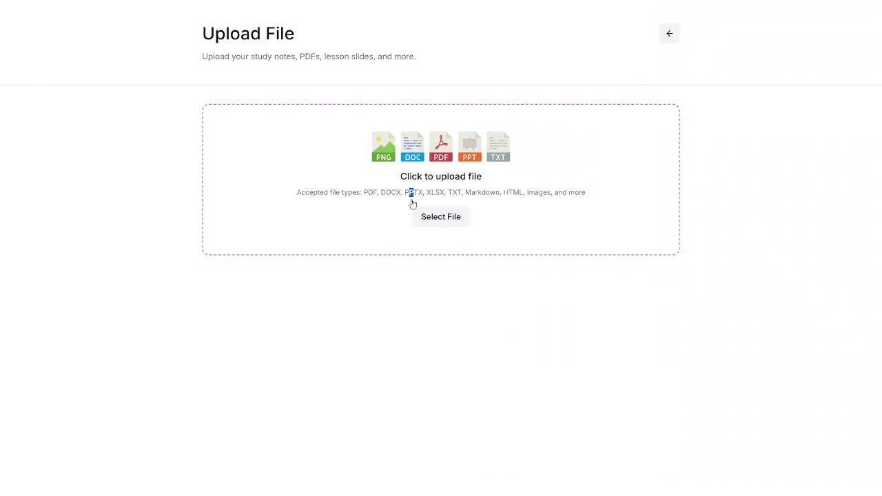 Output artifact for "Study Material Import" test: QuizRise's upload screen lists supported study-material types, including PDF, DOCX, PPTX, XLSX, TXT, Markdown, HTML, images, and more., Generate-Quizzes-and-Practice-Tests-from-Study-Material-Using-AI__Quizrise__08__upload-file-accepted-formats.png